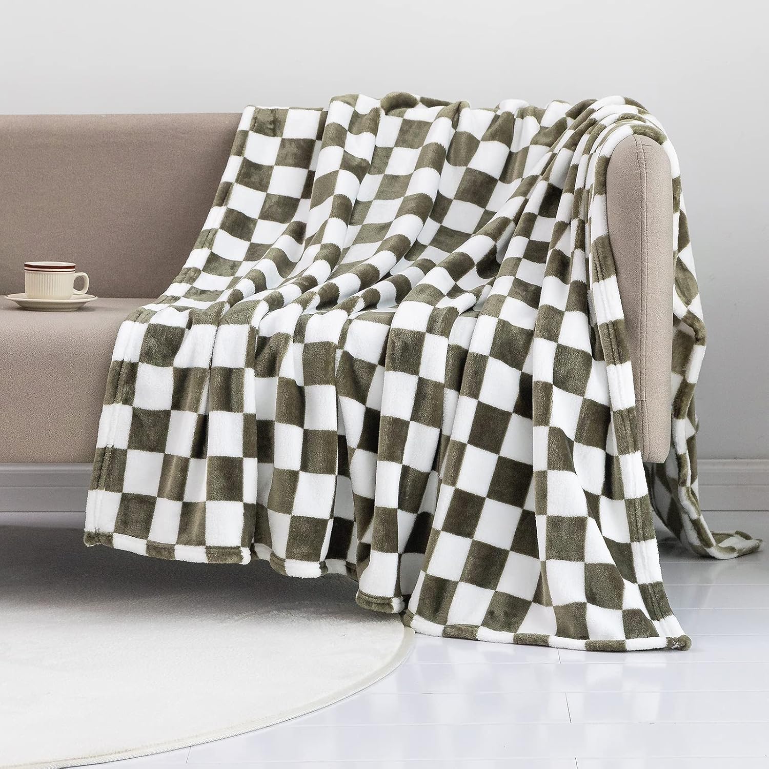 LOMAO Manta de franela con patrón de cuadrícula de ajedrez, suave, lujosa, cálida y acogedora para sofá y cama, para todas las estaciones (oliva