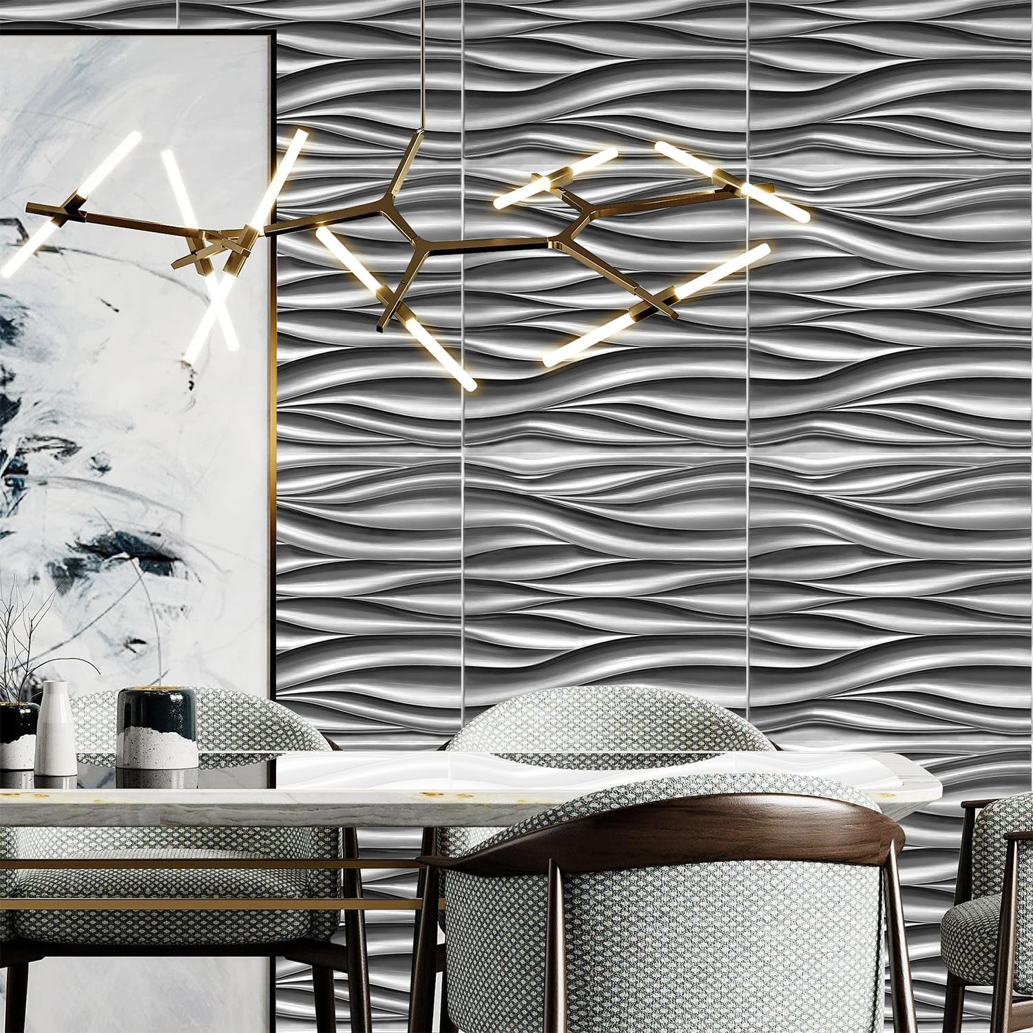 STICKGOO Paneles de pared 3D, paneles decorativos plateados cepillados, paneles de pared ondulados para decoración de pared interior, paneles de