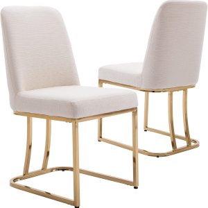 Wahson Juego de 2 sillas de comedor tapizadas de lino, silla clásica de tela moderna para comedor, con marco de metal dorado, beige Wahson Juego de 2 sillas de comedor tapizadas de lino, silla clásica de tela moderna para comedor, con marco de metal dorado, beige