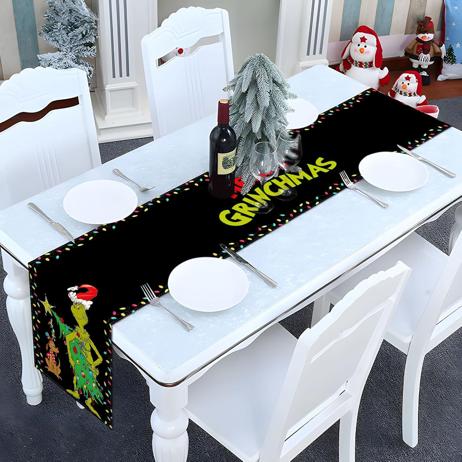 Camino de mesa Grinchmas Merry Christmas Whoville para fiestas de invierno, cocina, chimenea, comedor, decoración del hogar (negro, 13 x 72 pulgadas)