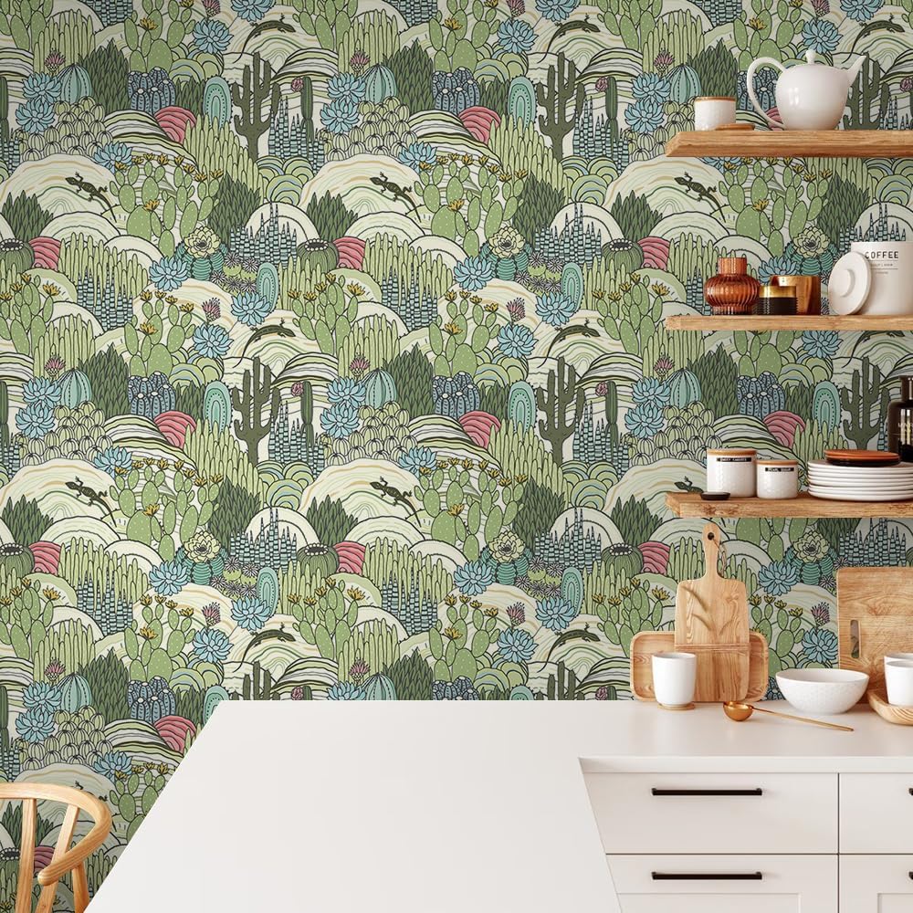 Papel tapiz con diseño de cactus verdes, animales del bosque, fácil de despegar, con diseño de lagarto, autoadhesivo, extraíble, para armario de