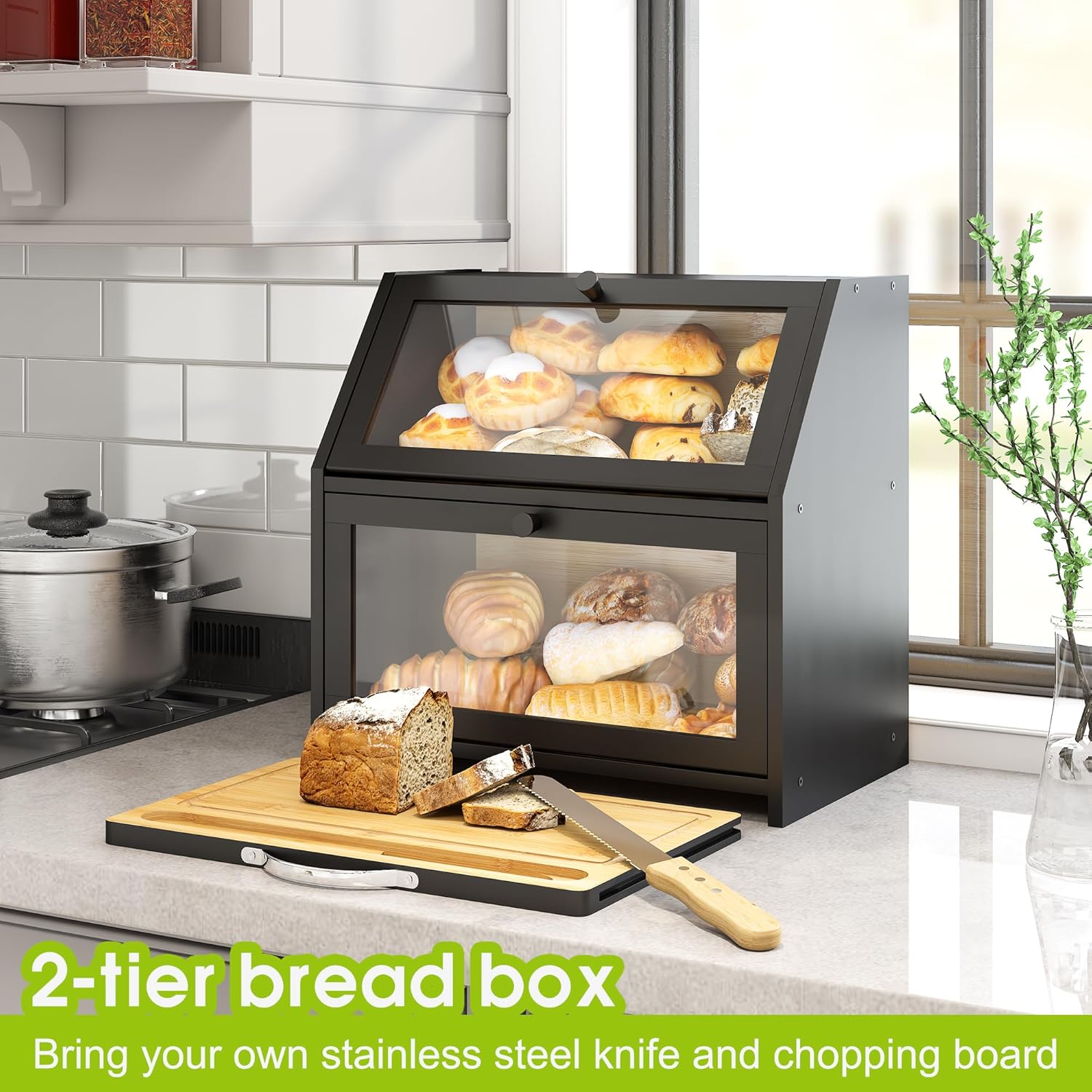 BMOSU Panera con tabla de cortar, almacenamiento y organizador de pan de cocina, encimera de granja, panera doble de madera de bambú, cubo de gran