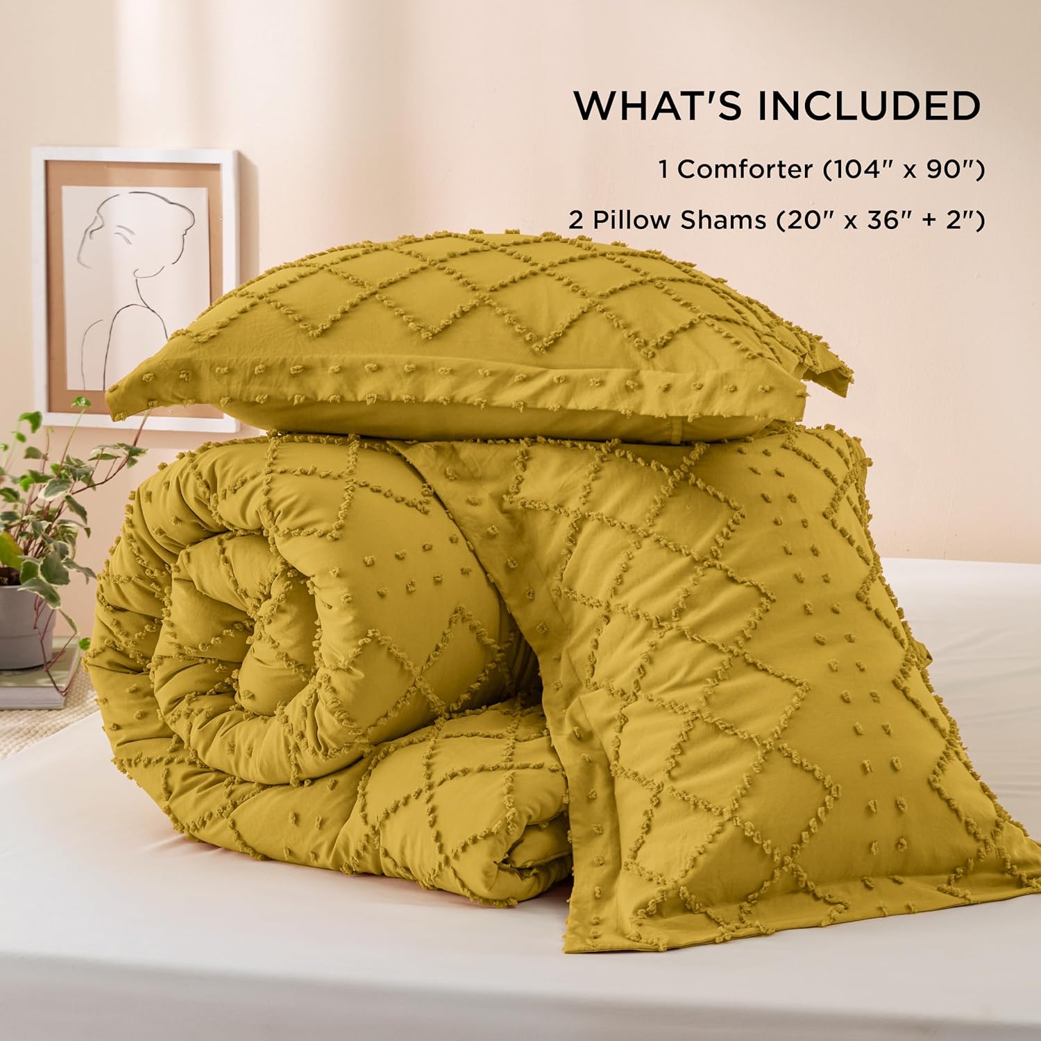 Bedsure Juego de edredón tamaño King  Edredón amarillo mostaza, juego de ropa de cama bohemio desgastado chic, juego de ropa de cama de 3 piezas