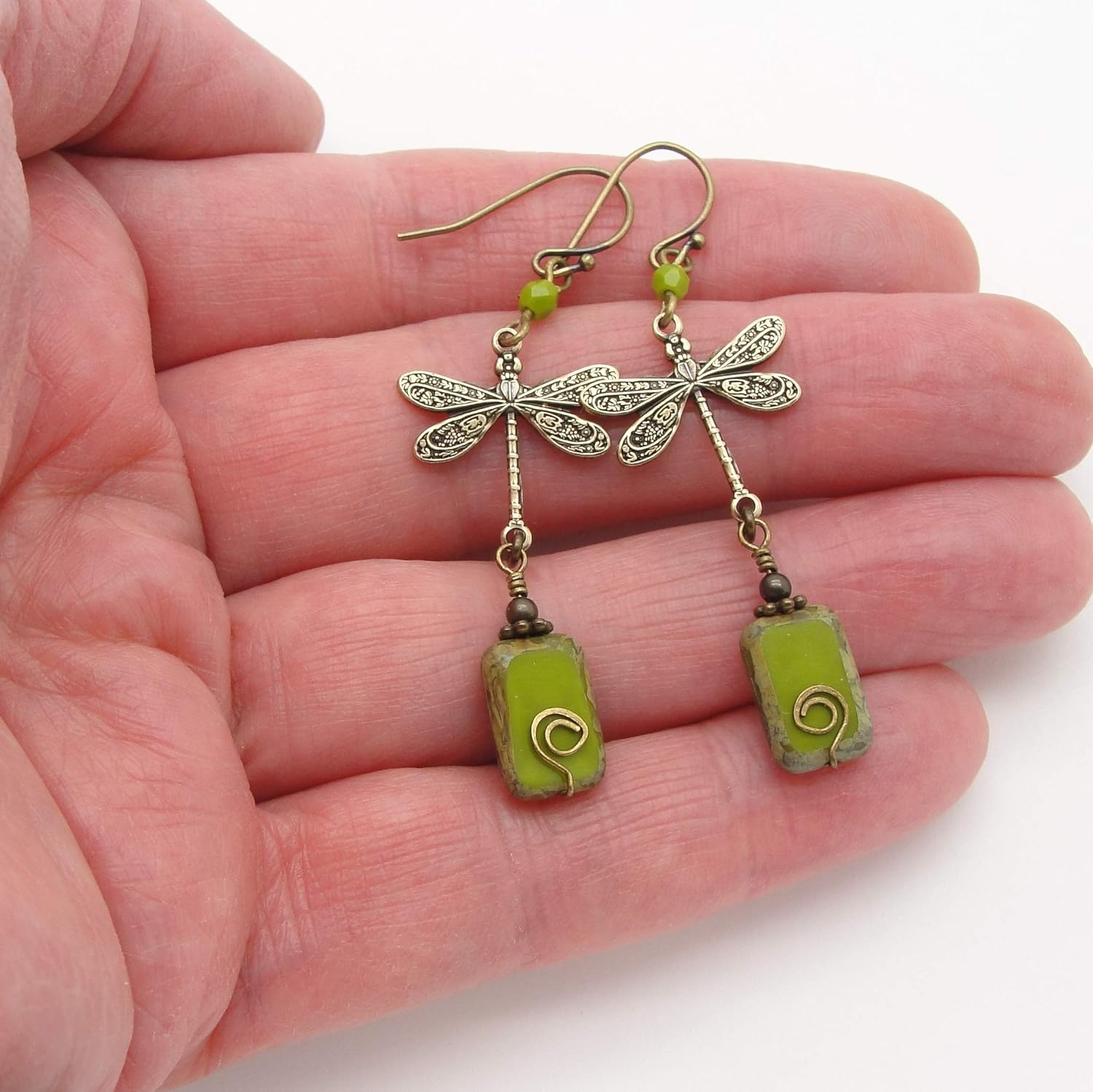 Boho Dragonfly Earrings in Olive Green and Brass