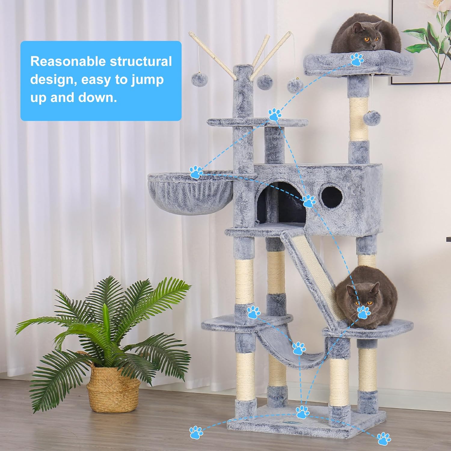 Hey-brother Árbol para gatos, torre para gatos de 61 pulgadas para gatos de interior, casa para gatos con plataforma acolchada, bolas de juguete,
