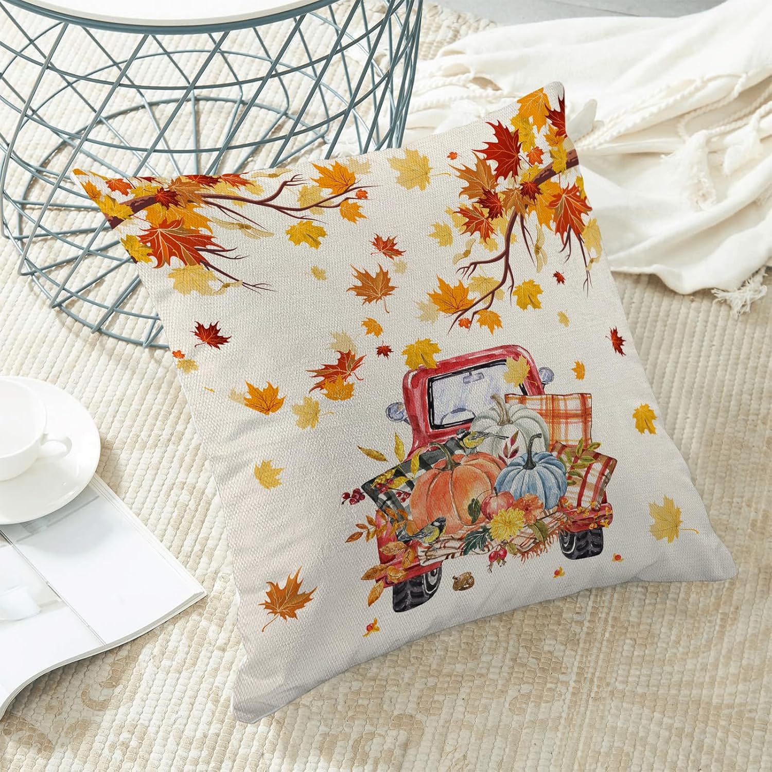 BETGINY Juego de 2 fundas de almohada de otoño de 18 x 18 pulgadas, fundas de almohada de hojas de arce otoñales, fundas de almohada de calabazas y