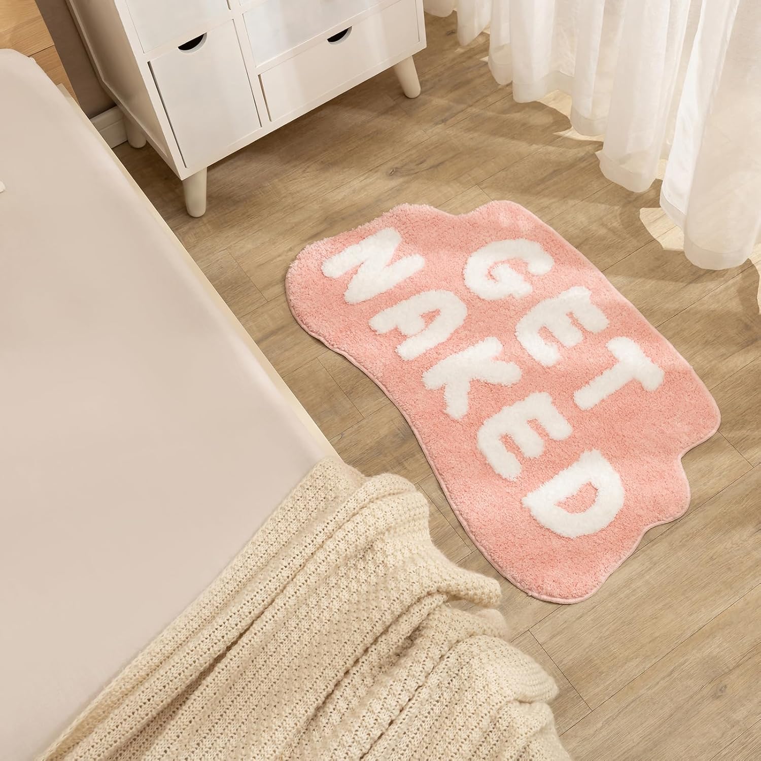 Tapete de baño rosa con texto en inglés Get Naked, tapete de baño suave y antideslizante, divertido tapete para baño, apartamento, decoración