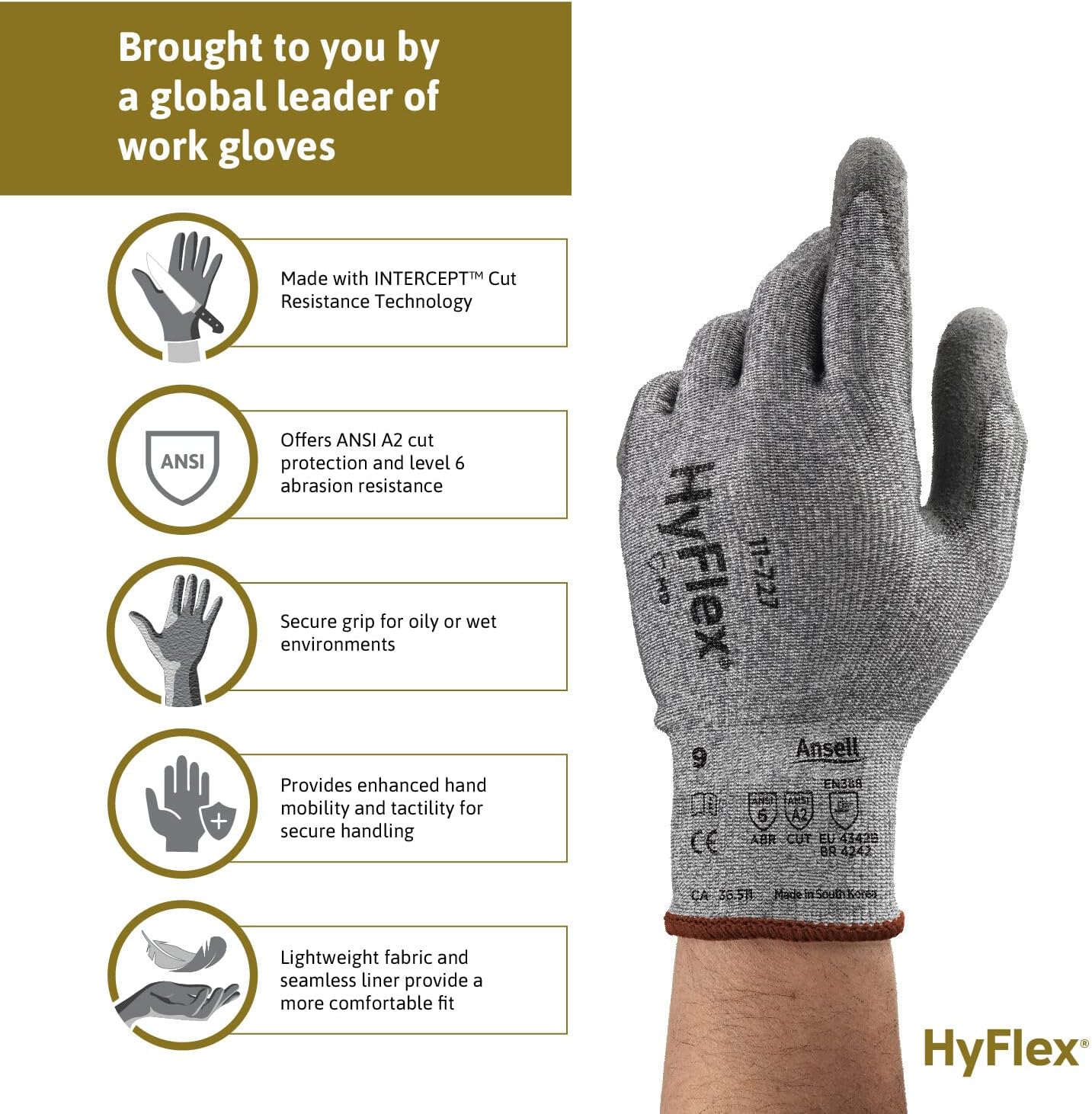 Hyflex Ansell 11-727 – Guantes industriales ultraligeros resistentes a cortes con palma reforzada