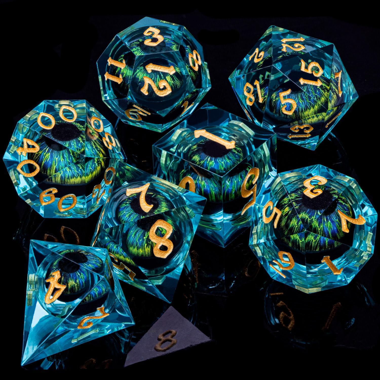 ARUOHHA DND – Juego de dados de ojo de dragón con núcleo líquido, resina azul, bordes afilados, con caja de regalo, dados poliédricos de Calabozos y