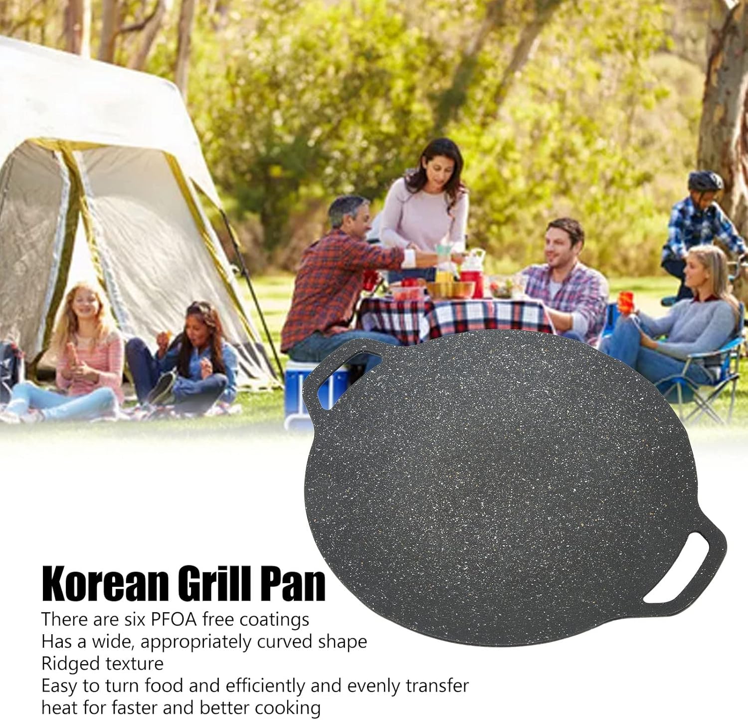 Sartén coreana para barbacoa, parrilla redonda con revestimiento antiadherente de 6 capas, sartén coreana de aluminio con asas dobles para asar