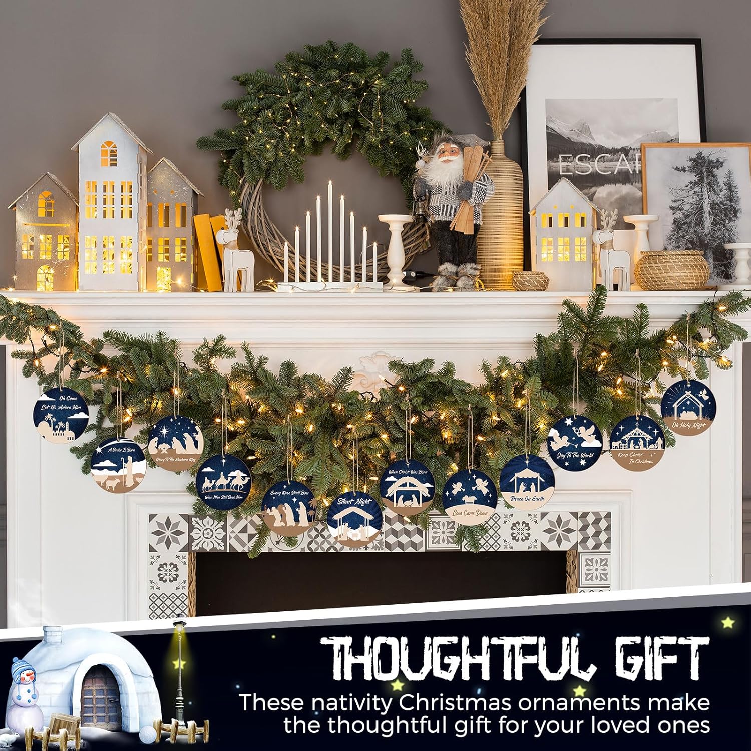 Soaoo 36 adornos de pesebre a granel para árbol de Navidad, adornos de madera para belén, adornos redondos a granel, decoraciones colgantes para