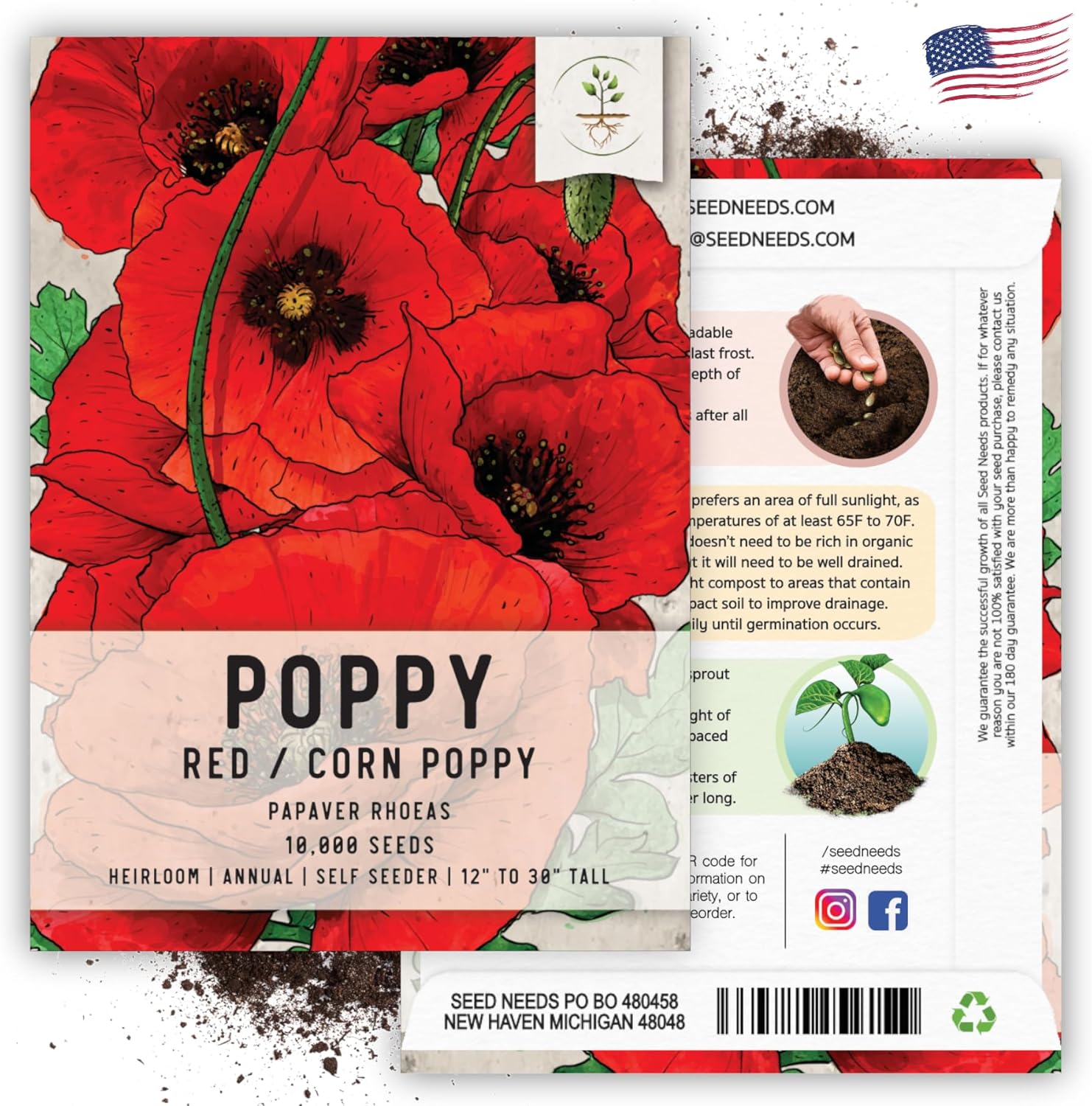 Seed Needs, Semillas de amapola roja  10,000 semillas tradicionales para plantar papaver rhoeas  Amapola de maíz anual que atrae mariposas al jardín