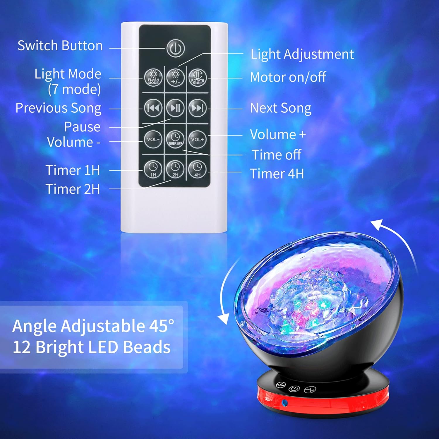 kiosbibi Proyector de ondas oceánicas, luz nocturna de ruido blanco para dormitorio de niños, control remoto y temporizador, altavoz Bluetooth,