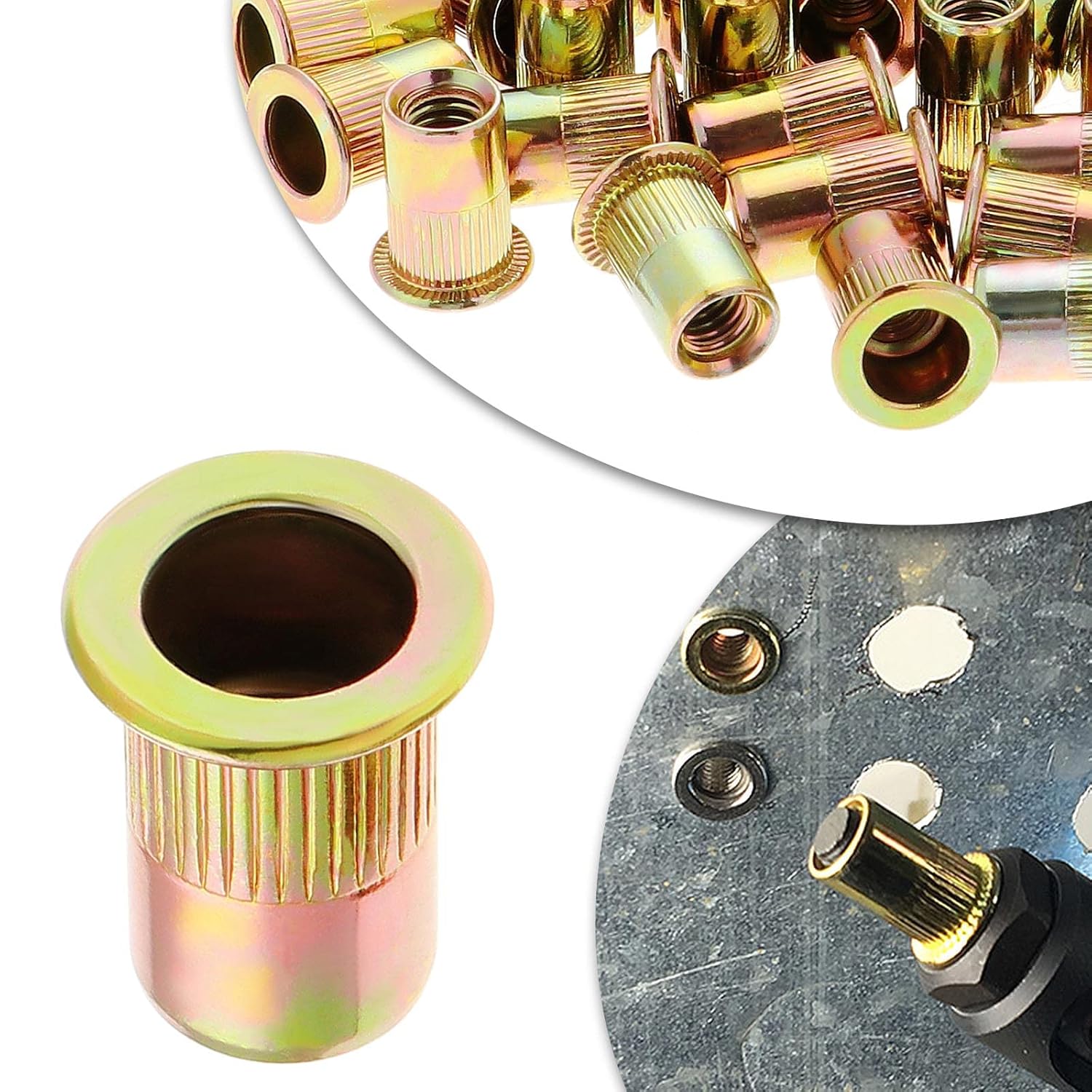 Gueenky 100 tuercas de remache, tuercas de remaches de 14 pulgadas de acero al carbono, M6 de cabeza plana roscada, kit surtido de remaches