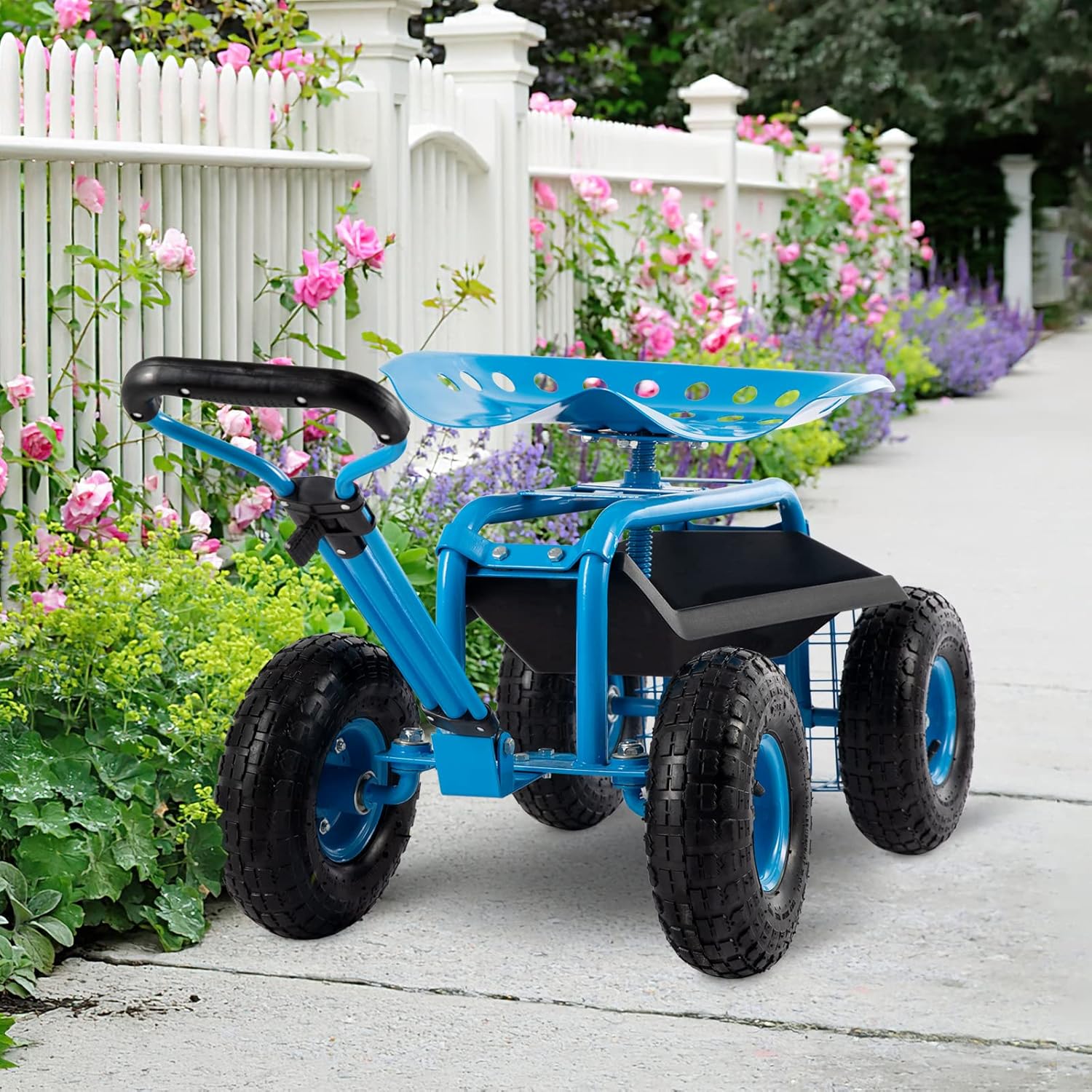 Carrito de herramientas de jardín con asiento resistente con asa y almacenamiento para personas mayores, carrito de jardín con ruedas, azul
