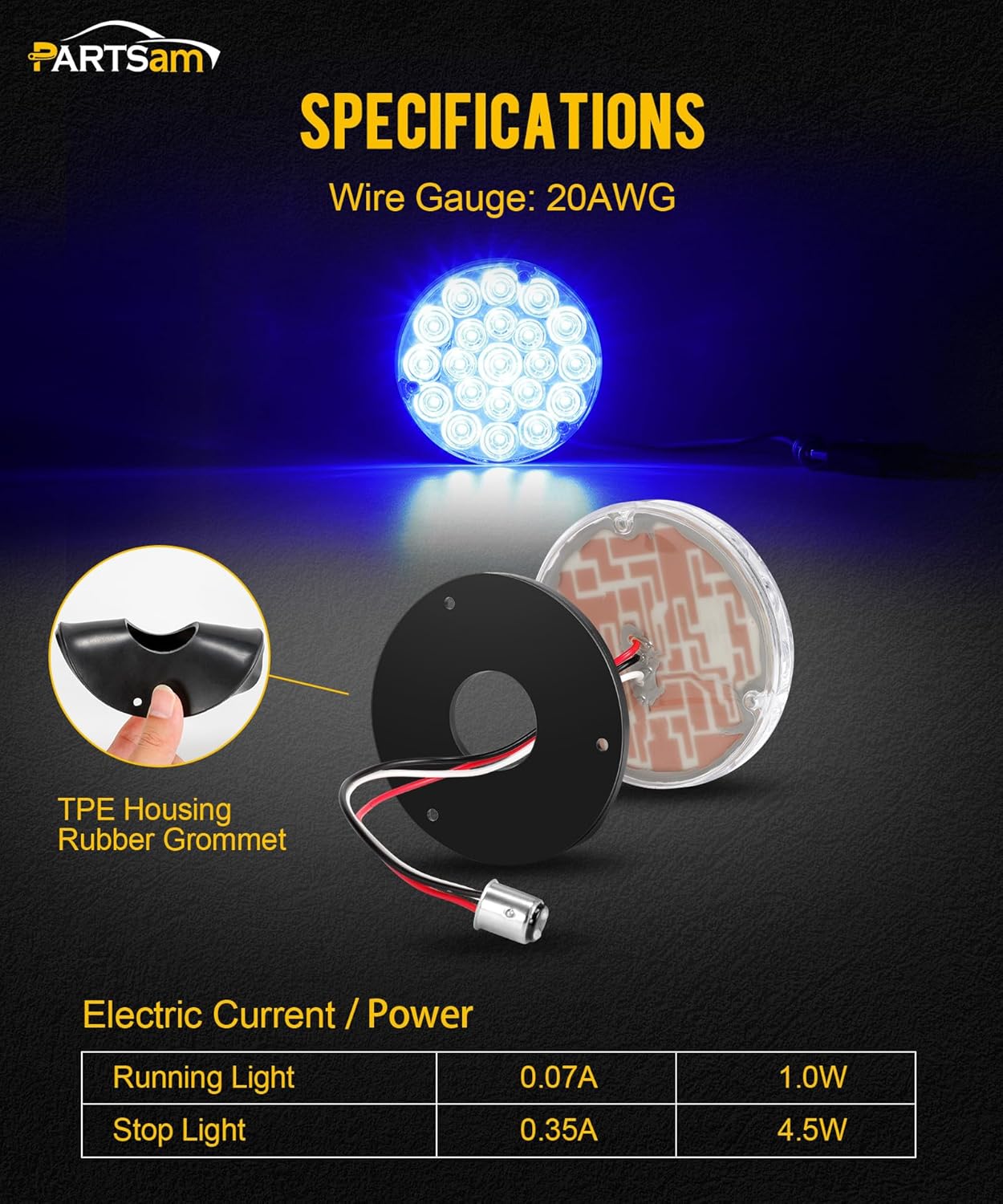Partsam Luz trasera redonda de 4 pulgadas, 21-2835 LED, luces auxiliares azules, luz de carga de carga con 1157 zócalo TPE, lente transparente de