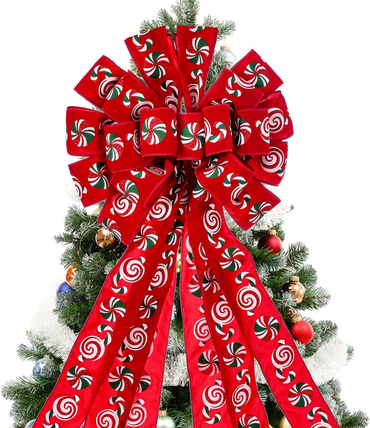 Decoración para árbol de Navidad, lazo de corona de Navidad de 45 x 12 pulgadas, lazo rojo grande con caramelo estampado para árbol de Navidad,