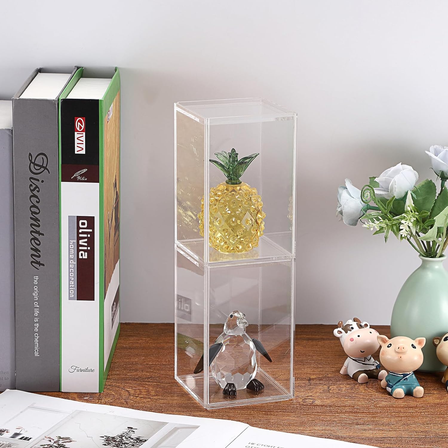 JUXYES Paquete de 2 vitrinas transparentes para mini figuras de acción, caja de exhibición de acrílico con puerta corredera, vitrina apilable cubo,
