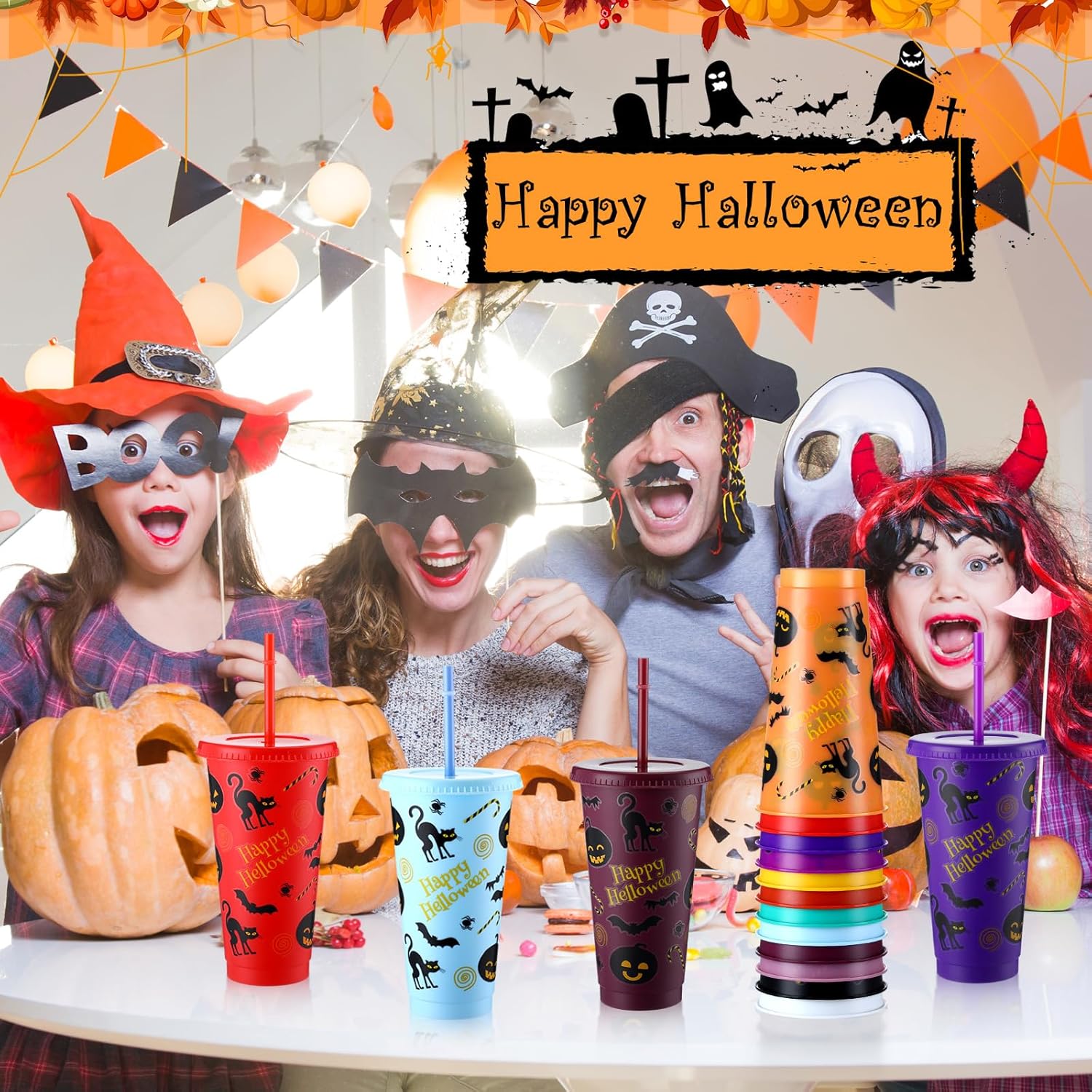 24 vasos de plástico de Halloween con tapas y pajita, vasos reutilizables a granel de 24 onzas con tapa y popote para bebidas frías, vaso colorido
