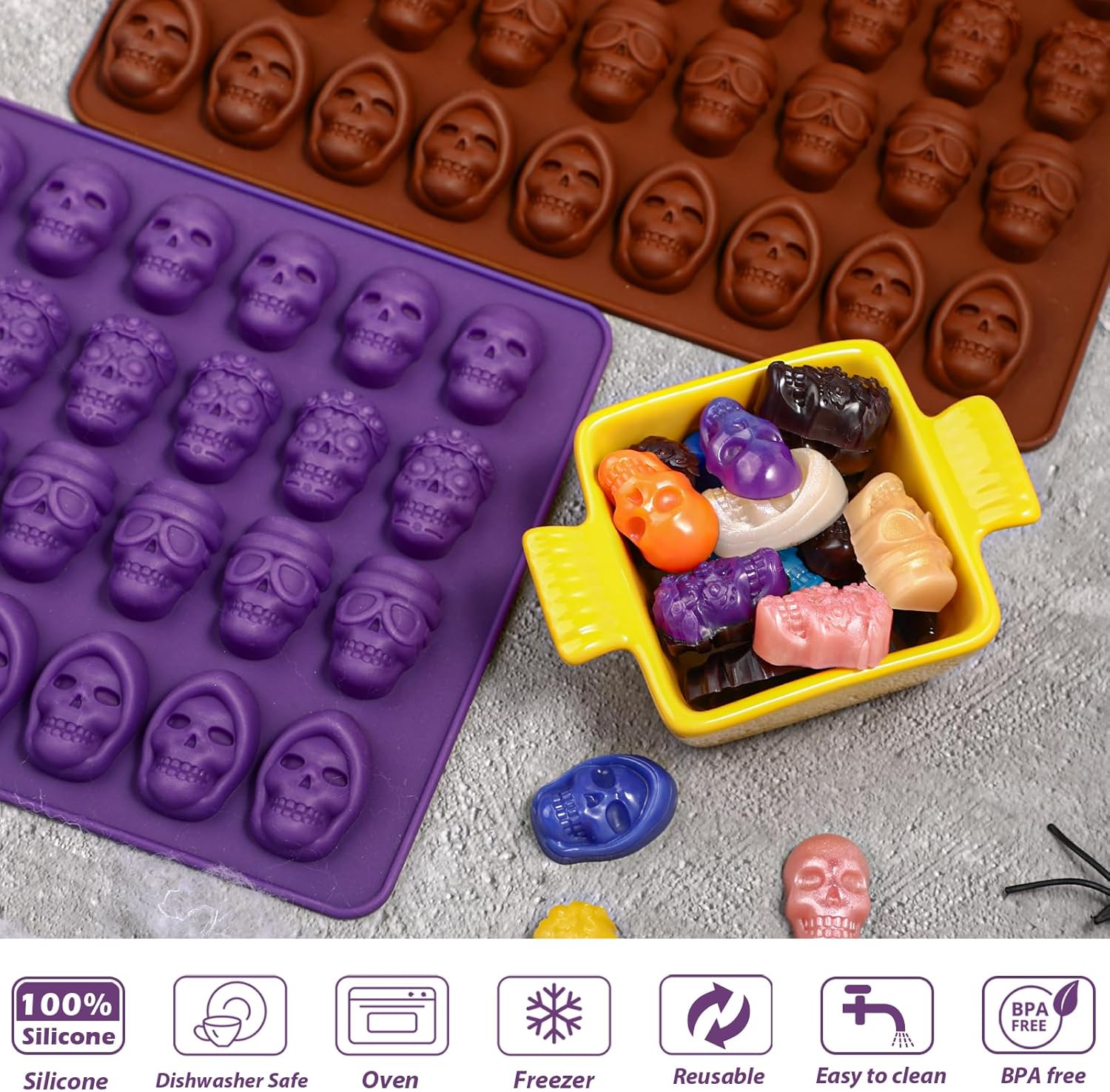 Webake Molde de caramelo de calavera gomosa, 36 cavidades de calavera de Halloween, molde de silicona para caramelos, chocolate, dulces, gelatina,
