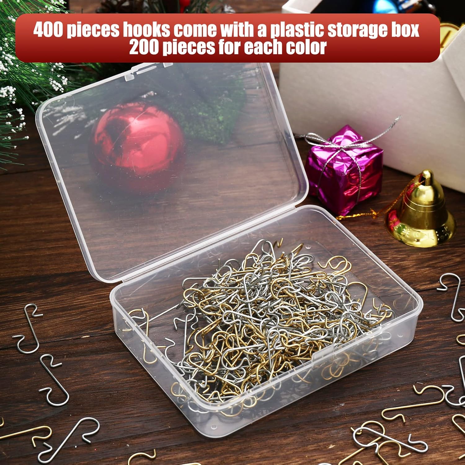 Tatuo 400 ganchos para adornos de Navidad, ganchos de alambre de metal con caja de almacenamiento para decoración de árbol de Navidad (dorado,