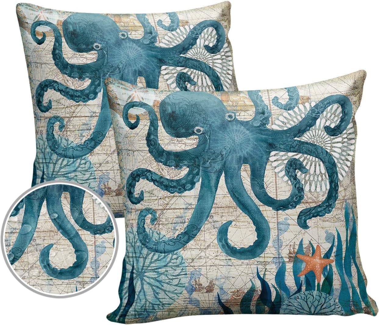 Juego de 2 fundas de almohada impermeables de pulpo marino de 18 x 18 pulgadas, juego de 2 fundas de almohada decorativas de animales monstruosos de