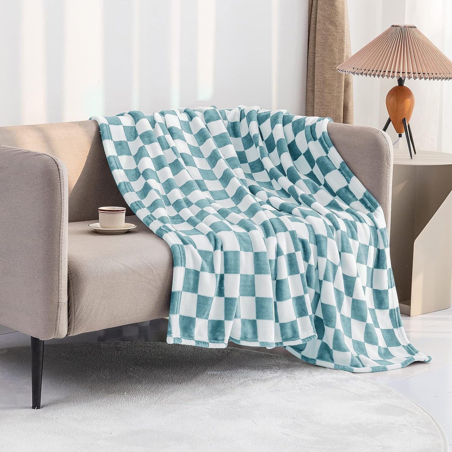 LOMAO Manta de franela con patrón de cuadrícula de ajedrez, suave, lujosa, cálida y acogedora para sofá y cama, para todas las estaciones (azul