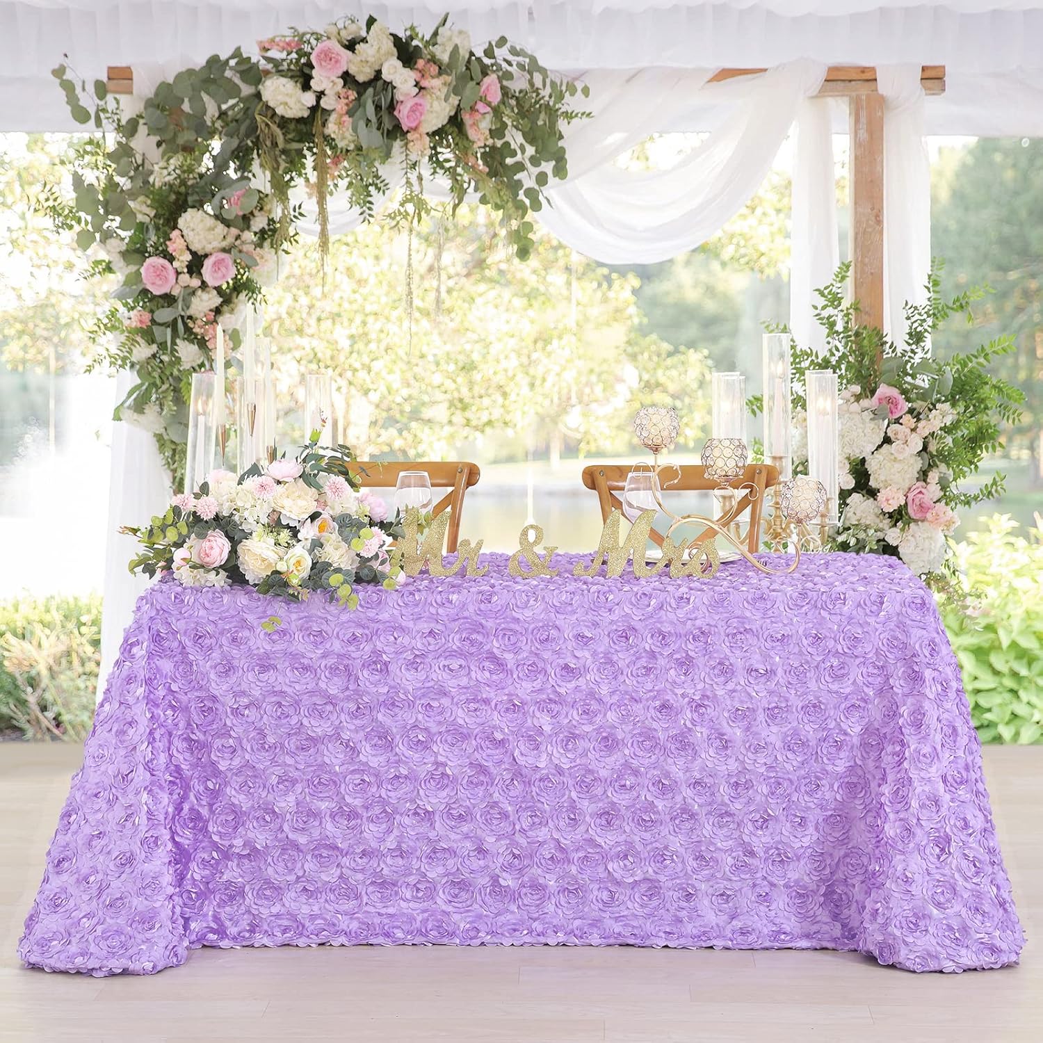 Mantel rectangular con diseño de rosetas 3D de satén para decoración de boda