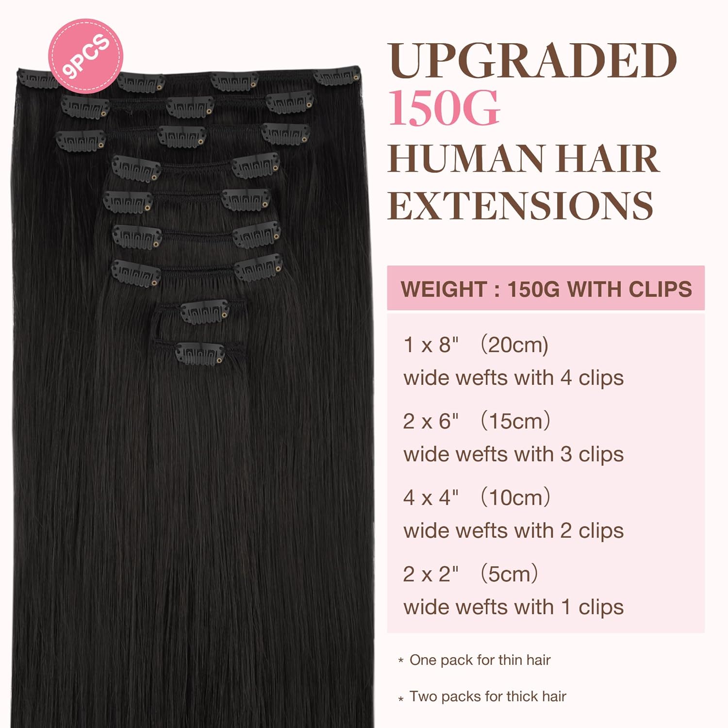 GOO GOO Extensiones de cabello humano con clip, 9 unidades, 4.53 oz, 18 pulgadas, extensiones de cabello Remy negro natural, extensiones de cabello