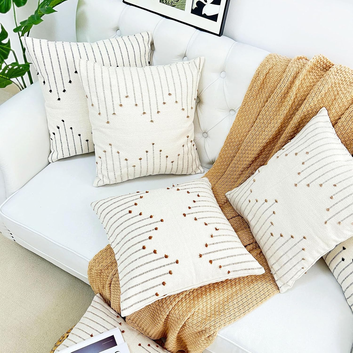 LMYUHONG Juego de 2 fundas de almohada bohemias de 18 x 18 pulgadas, modernas, rústicas, de lino y algodón, decorativas, color blanco, funda de