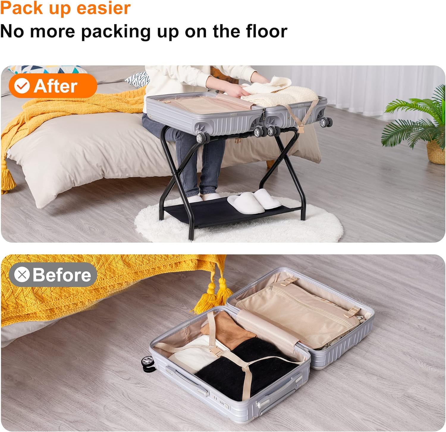 Heybly Portaequipajes, paquete de 2, soporte plegable de acero para maleta con estante de almacenamiento para dormitorio, hotel, marco de acero