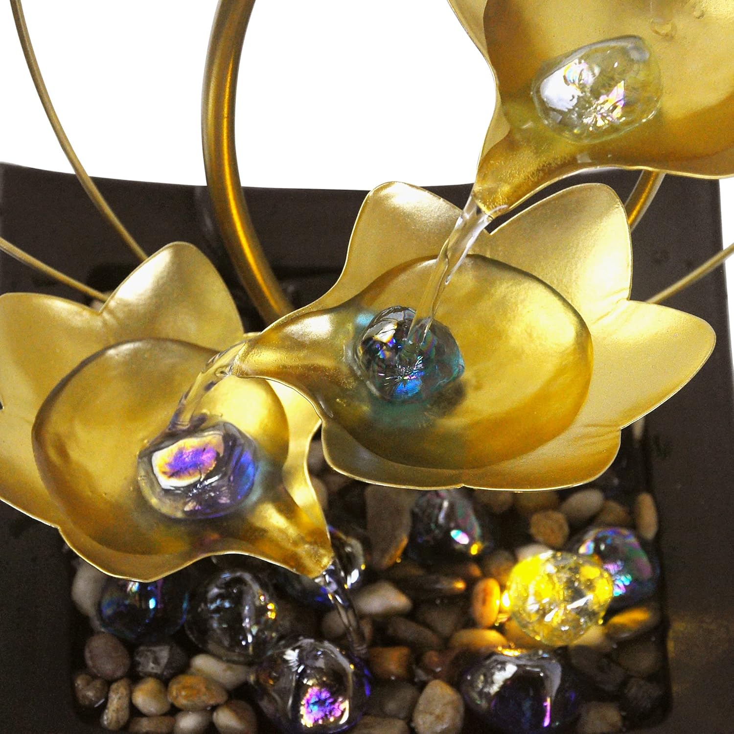 Fuente de mesa de hoja de loto para interiores de 4 niveles, mini cascada de relajación para decoración de habitaciones, fuente de agua con rocas de