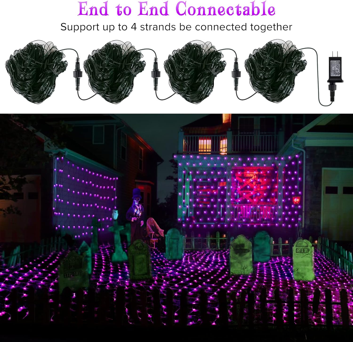 Luces de red de Halloween, 200 luces LED de 8.2 pies x 4.9 pies, luces moradas de Halloween con 8 modos, temporizador, conectable, diseño de alambre