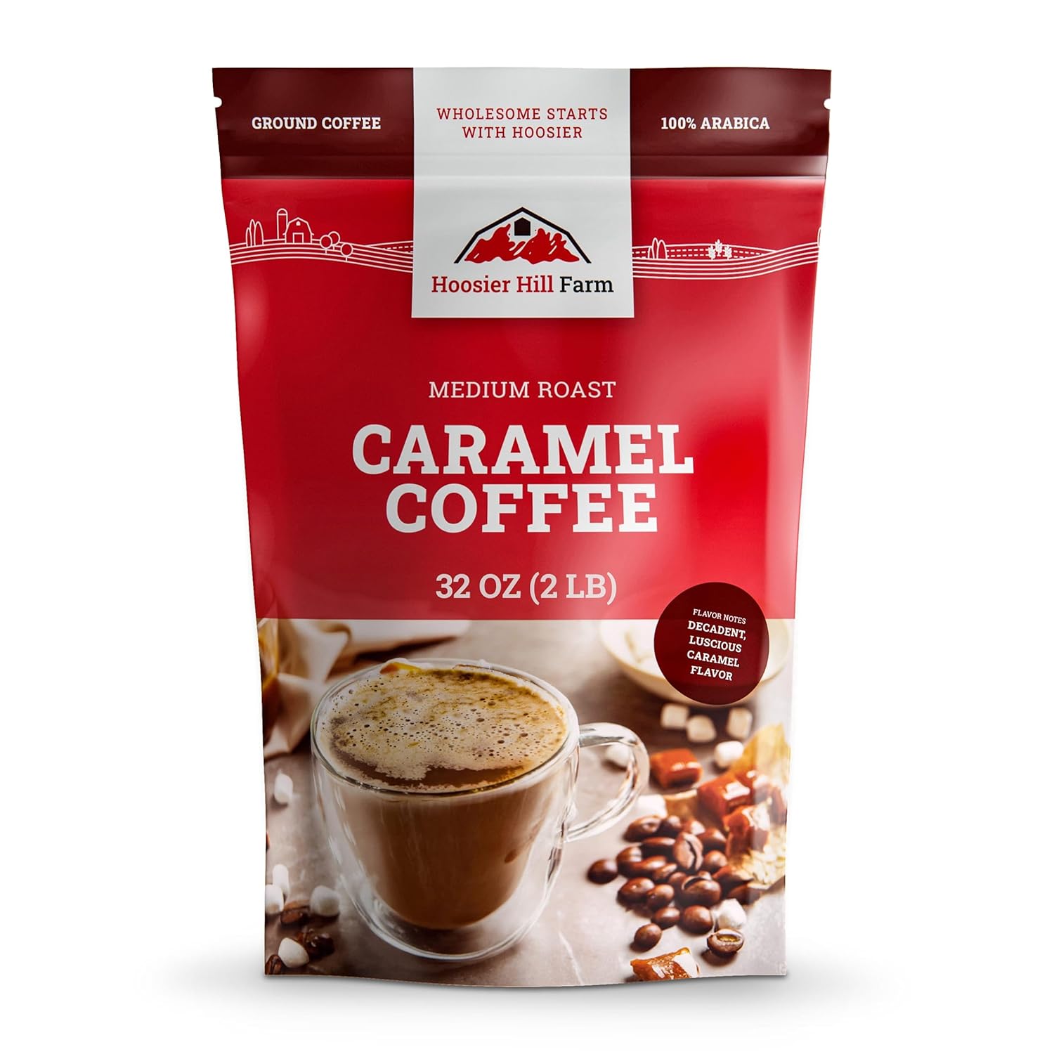 Hoosier Hill Farm Café molido con sabor a caramelo, tostado medio, 32 onzas (2 libras), bolsa resellable