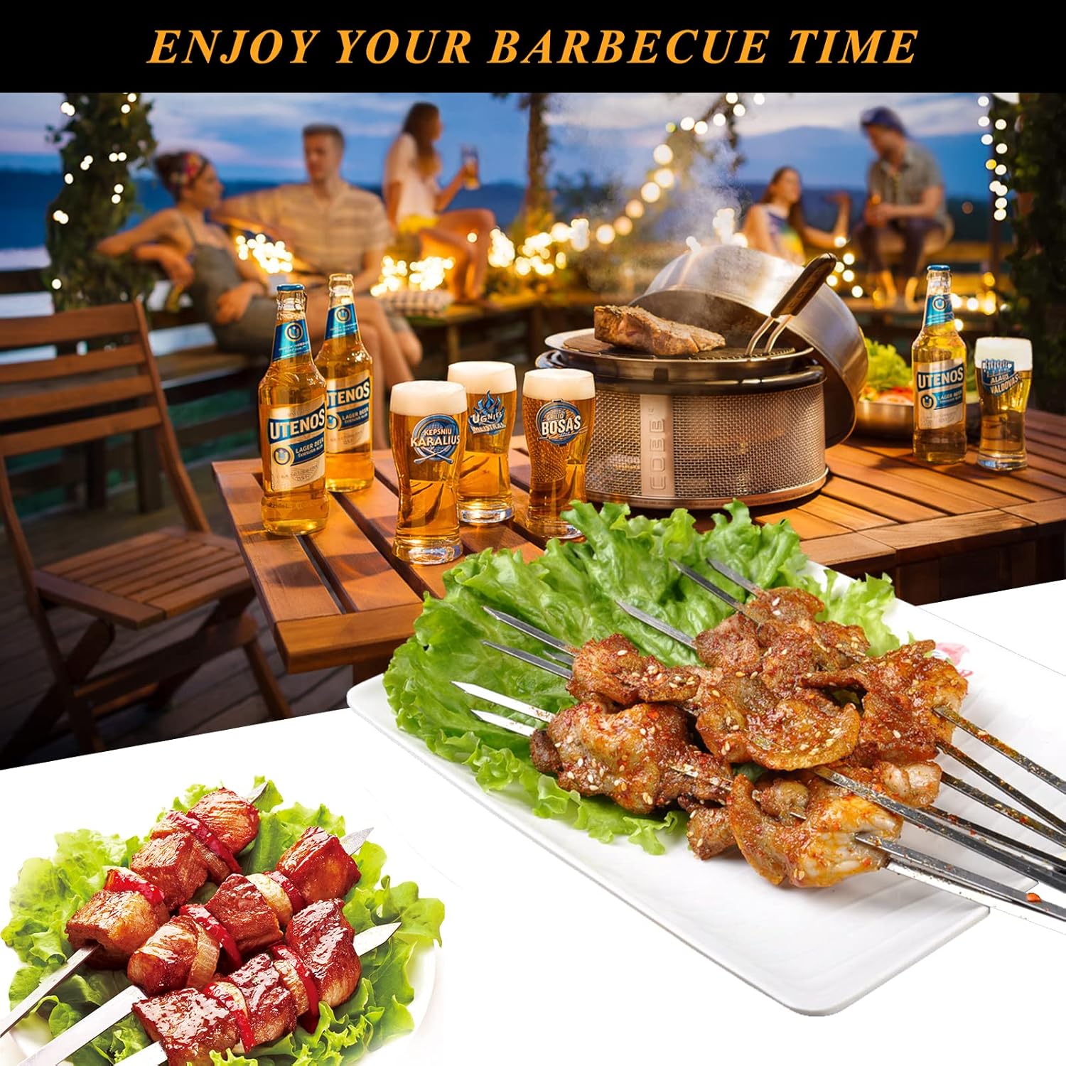 50 brochetas de metal plano para barbacoa de 14.8 pulgadas de largo de acero inoxidable, palitos de kebob anchos reutilizables para cocinar al aire
