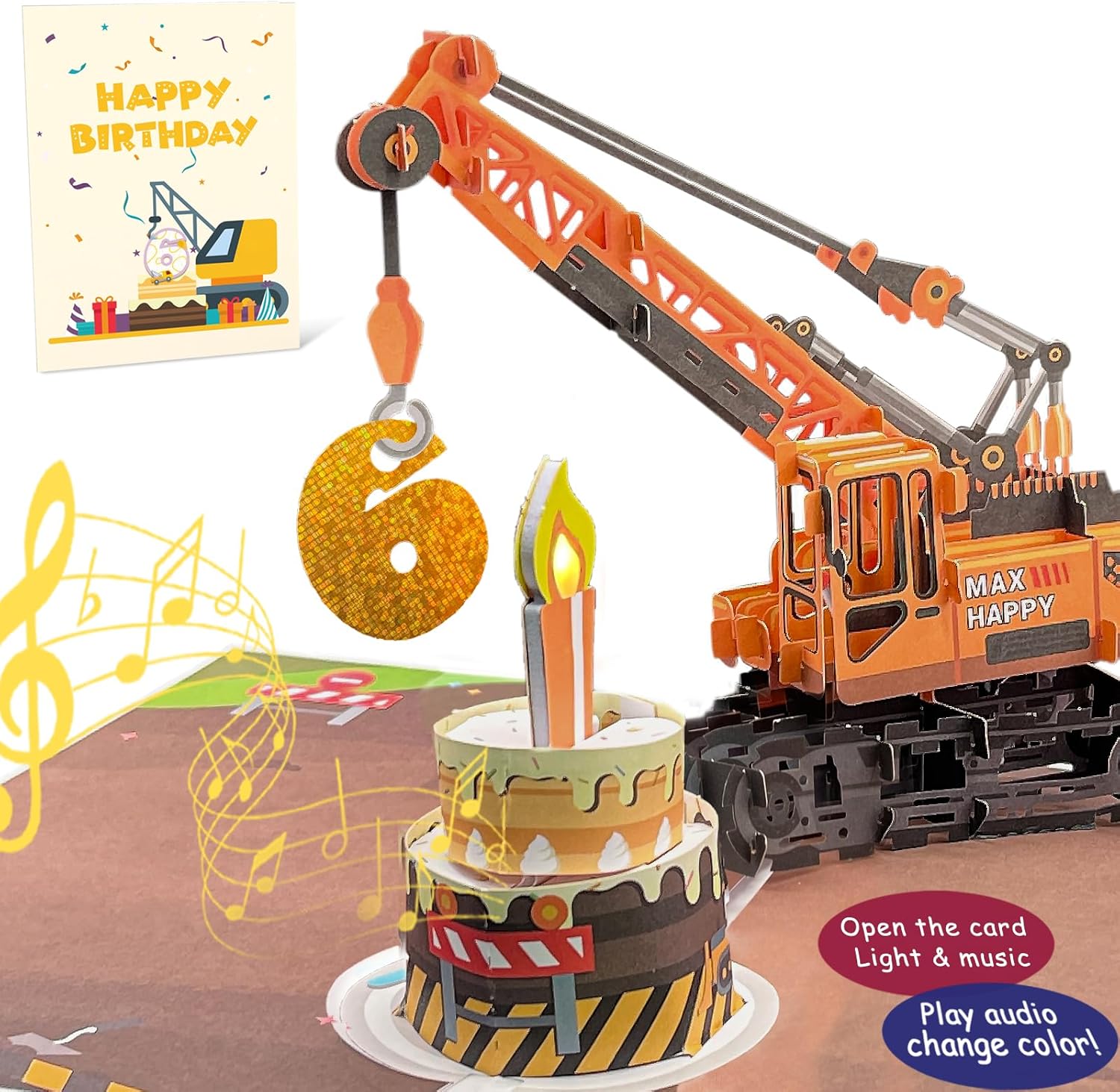 Tarjeta de felicitación 3D de 6 cumpleaños con luz y música, tarjeta de camión grúa para niño, sobrino, nieto, hijo, niño pequeño, con sobre,