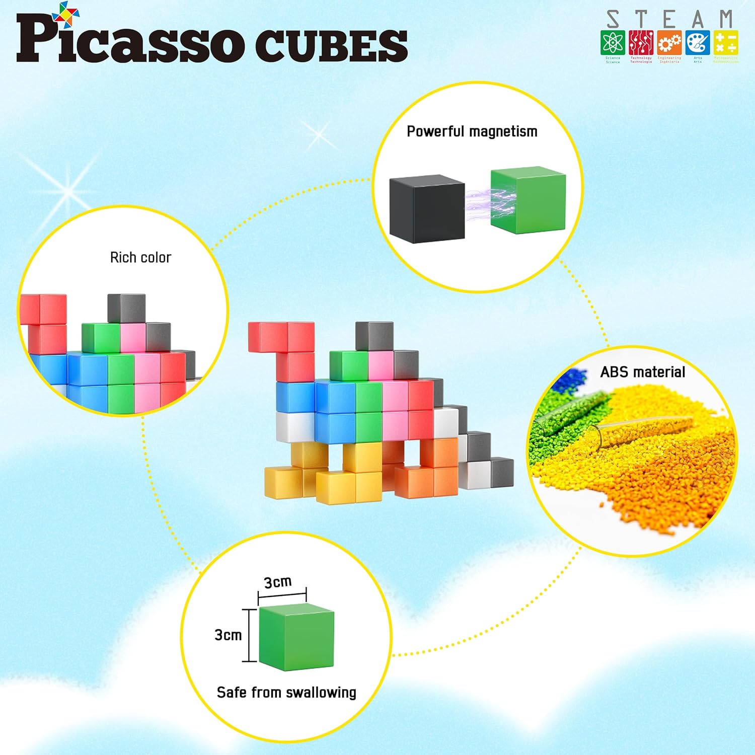 PicassoTiles Bloques de construcción de cubos magnéticos, 54 piezas de 1.2 pulgadas de 1.2 in, cubos magnéticos, juguete de construcción, juguetes