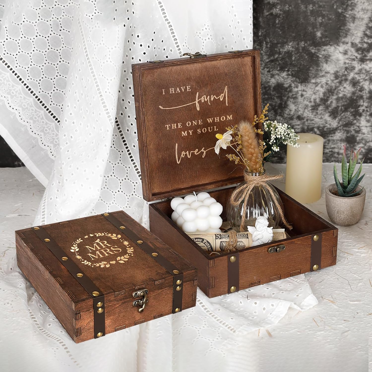 Caja decorativa pequeña con tapa, caja de madera para recuerdos, paquete de 2 cajas de recuerdos de boda para almacenamiento, aniversario, regalos
