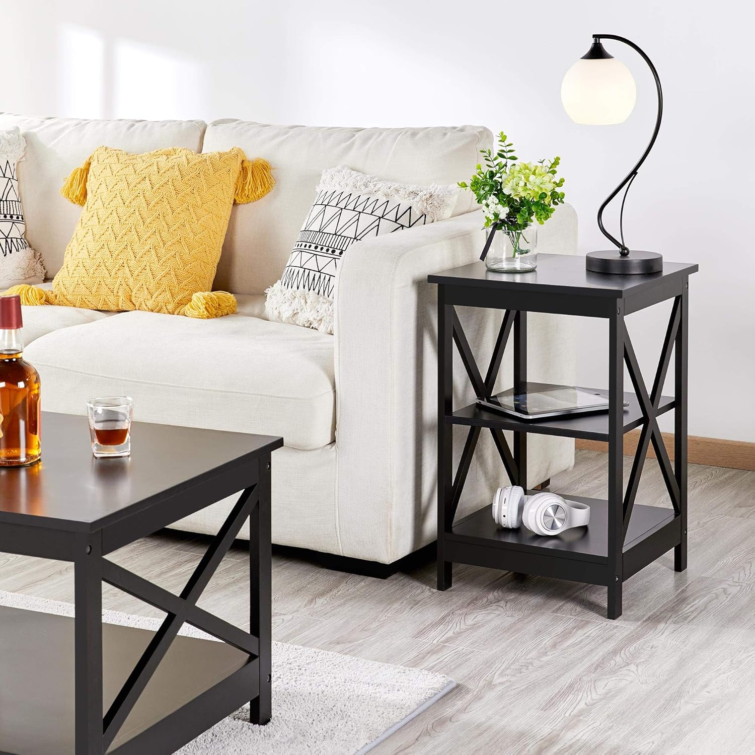 Topeakmart X-Design – Juego de 3 mesas de sala de estar, con 1 mesa auxiliar y 2 mesas laterales para sofá, color negro