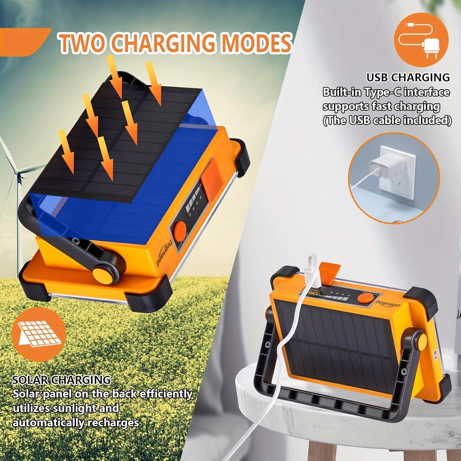 Luz solar de trabajo LED recargable, reflector portátil ultra brillante, luz inalámbrica impermeable IP65, de pie, para corte de energía, luz de