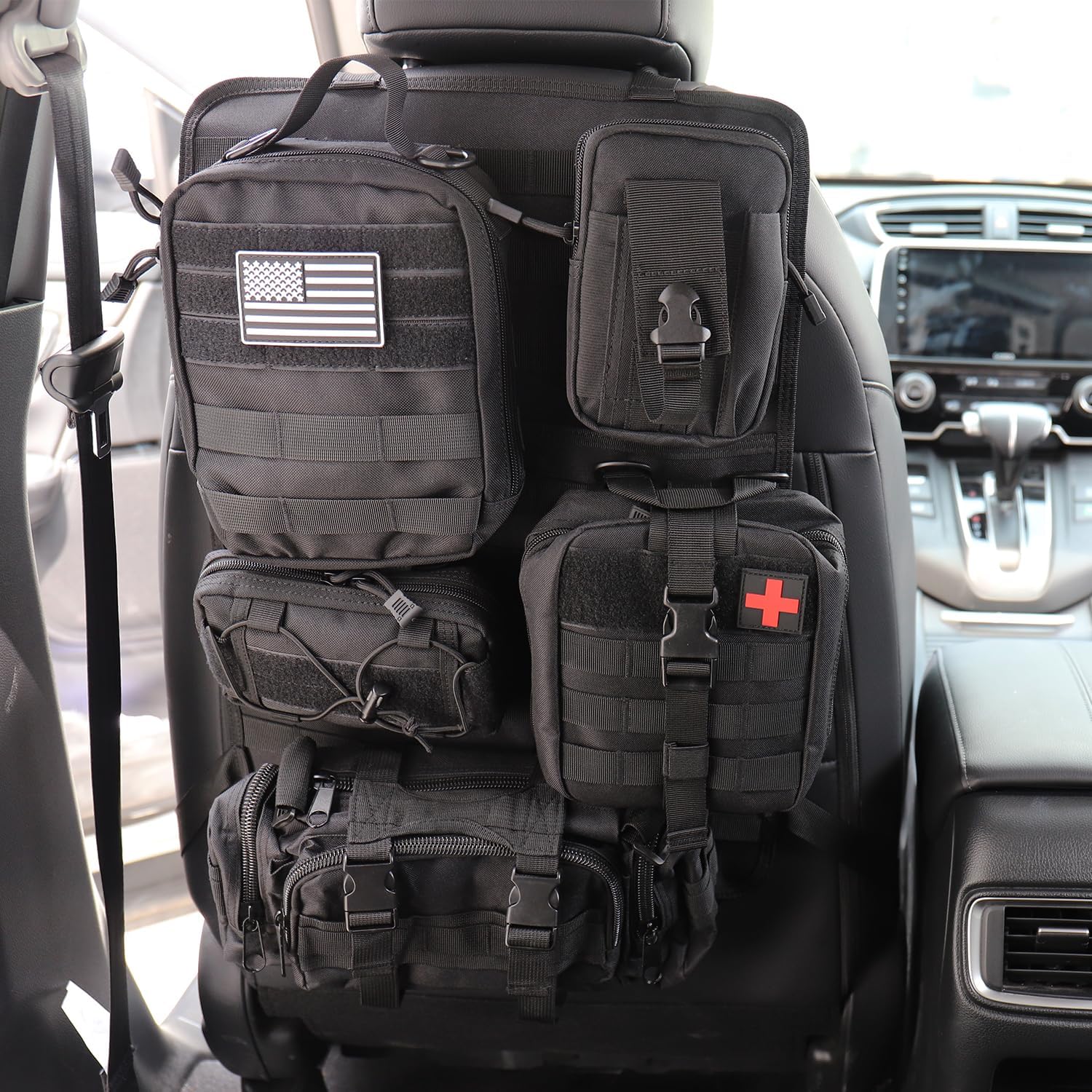 Organizador táctico para respaldo de asiento con 5 bolsas Molle desmontables Universal para asiento de coche, organizador de respaldo de asiento