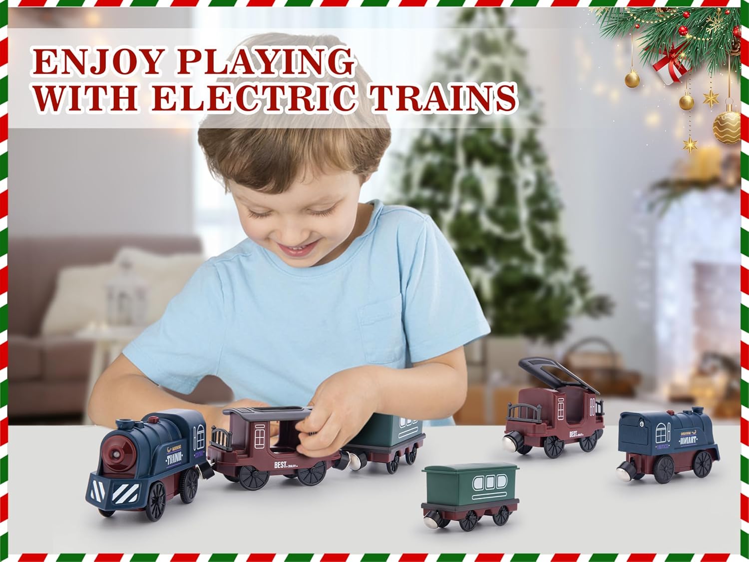 Tren a pilas para pista de tren de madera, tren motorizado con locomotora eléctrica magnética con luz y sonido para niños pequeños y niñas de 3 a 5