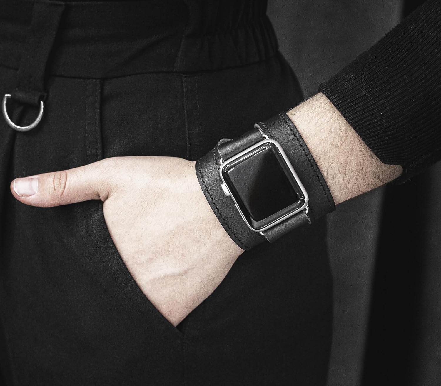 Leather double wrap band strap compatible with Apple watch 38mm 40mm 41mm 42mm 44mm 45mm 49mm, Handmade UA 1875st (black leather black thread
