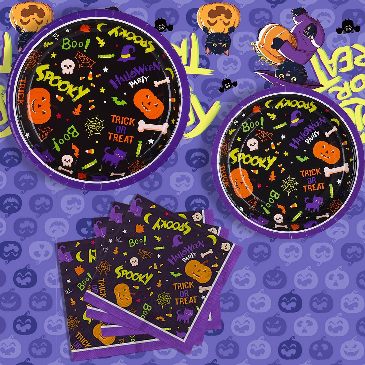 Gatherfun Suministros de fiesta de Halloween, platos de papel desechables, servilletas para decoraciones espeluznantes de fiesta de Halloween,