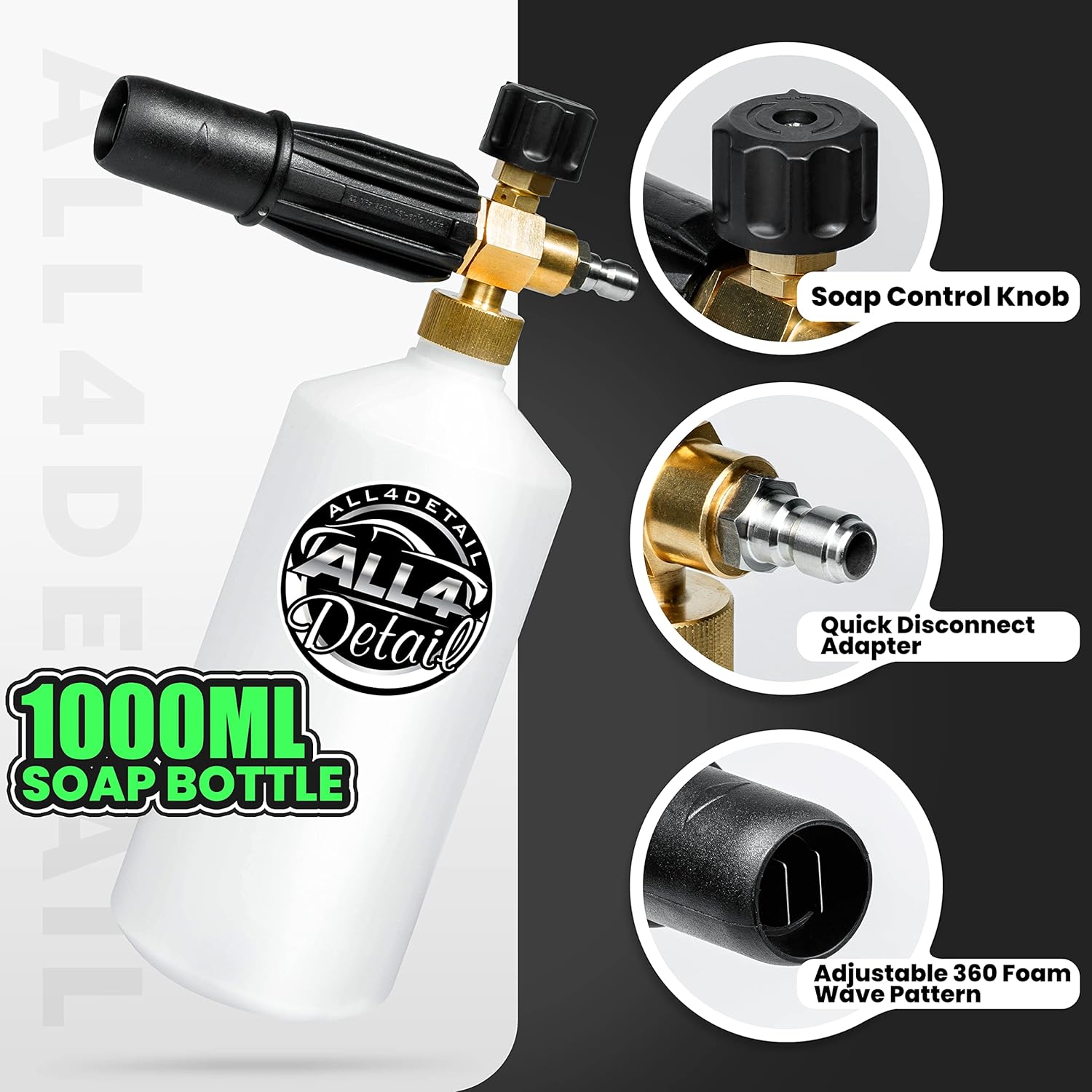 ALL4DETAIL Cañón de espuma prémium con pistola de lavado a presión de 5000 PSI, pistola de lavado eléctrico con conector rápido de 14 pulgadas, 5
