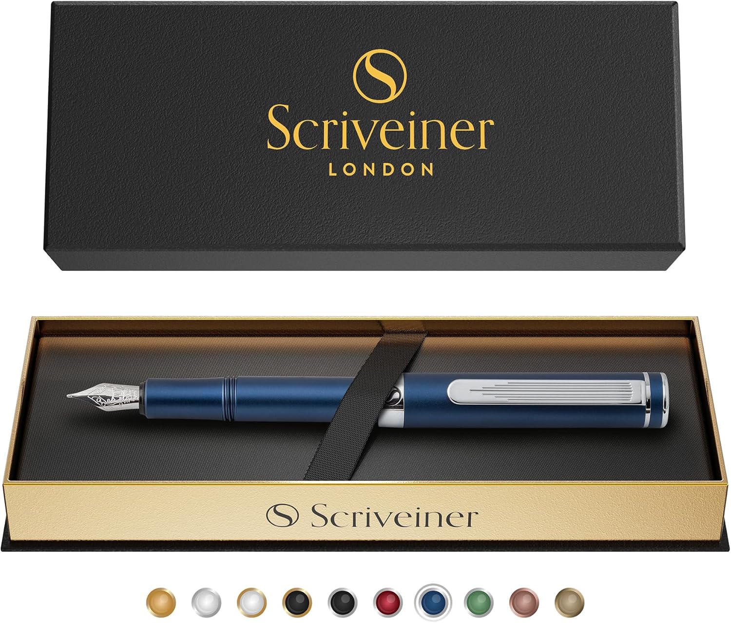 Scriveiner Pluma estilográfica EDC de lujo (fina), impresionante bolígrafo de bolsillo azul mate, acabado cromado, punta alemana Schmidt,