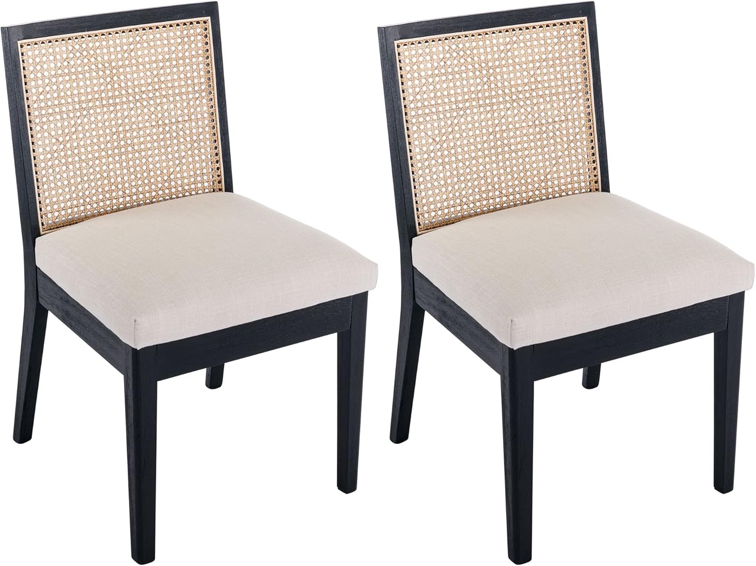 VESCASA Sillas de comedor tapizadas con respaldo cuadrado de ratán, sillas de comedor acolchadas de lino sin brazos con patas de madera para