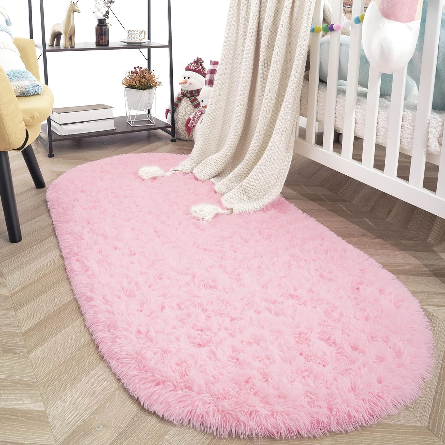 ISEAU Alfombra ovalada esponjosa, moderna alfombra de felpa lanuda para dormitorio de niños, extra cómoda, bonita alfombra de noche para habitación
