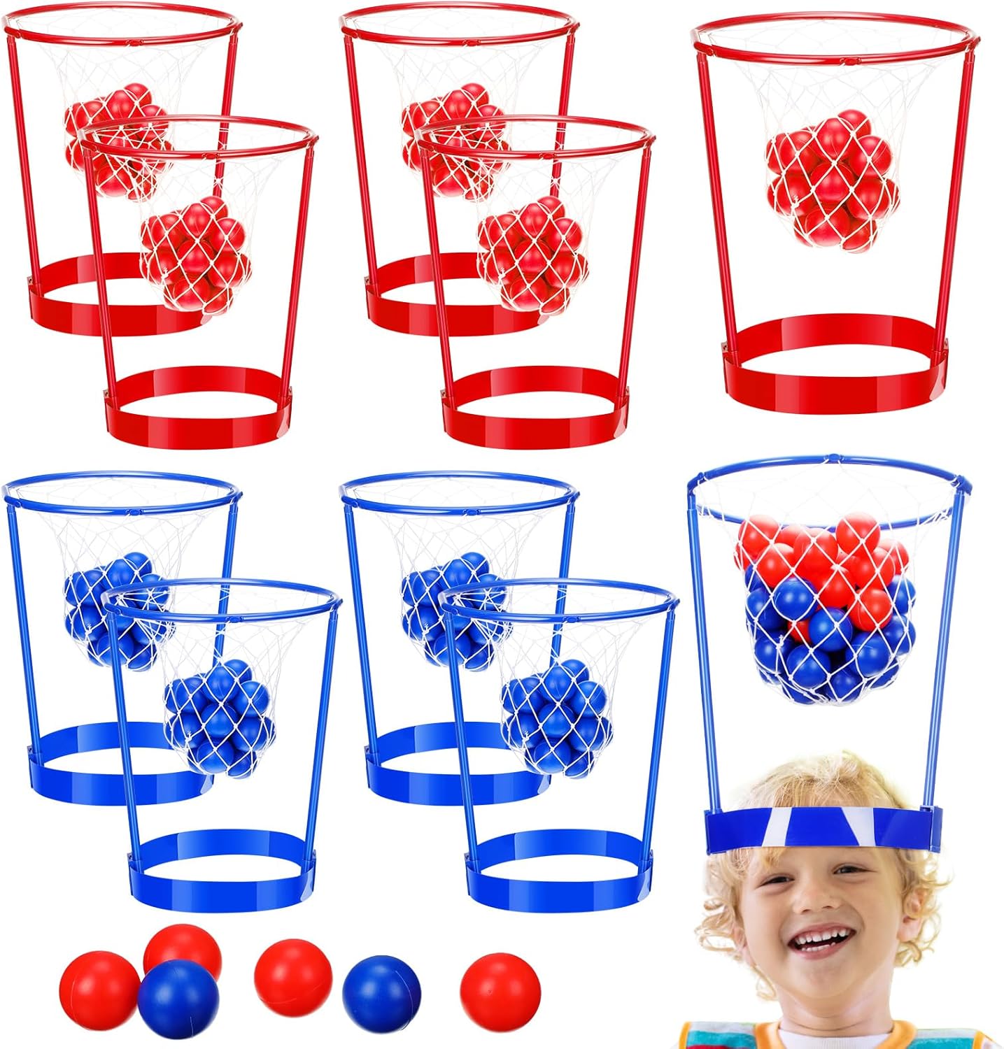 Paquete de 10 juegos de baloncesto para adultos, juego de carnaval, diadema de red ajustable con 60 bolas de baloncesto para niños, niñas, familia,