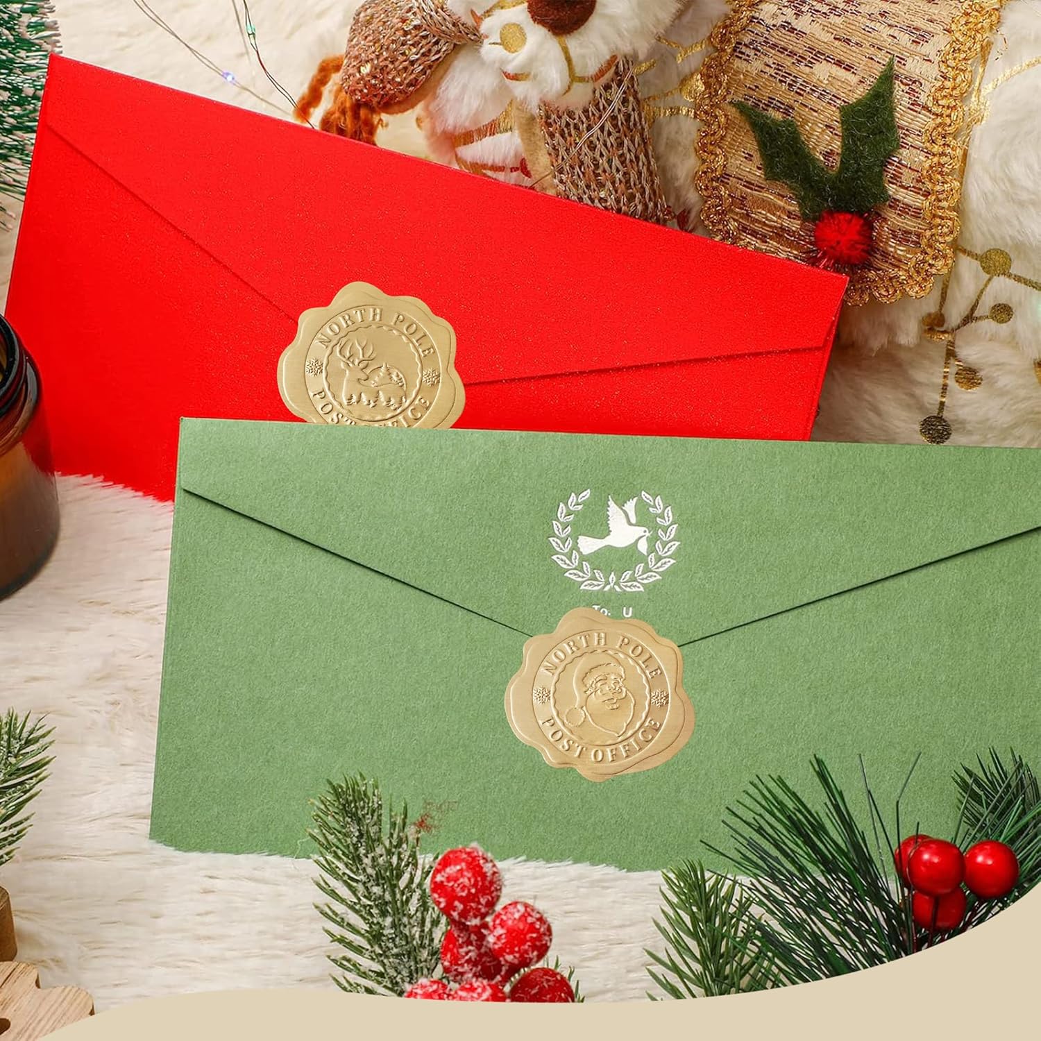 300 sellos dorados de cera en relieve de Navidad con aspecto de sobres para paquetes de regalosrecuerdos de fiesta, autoadhesivos
